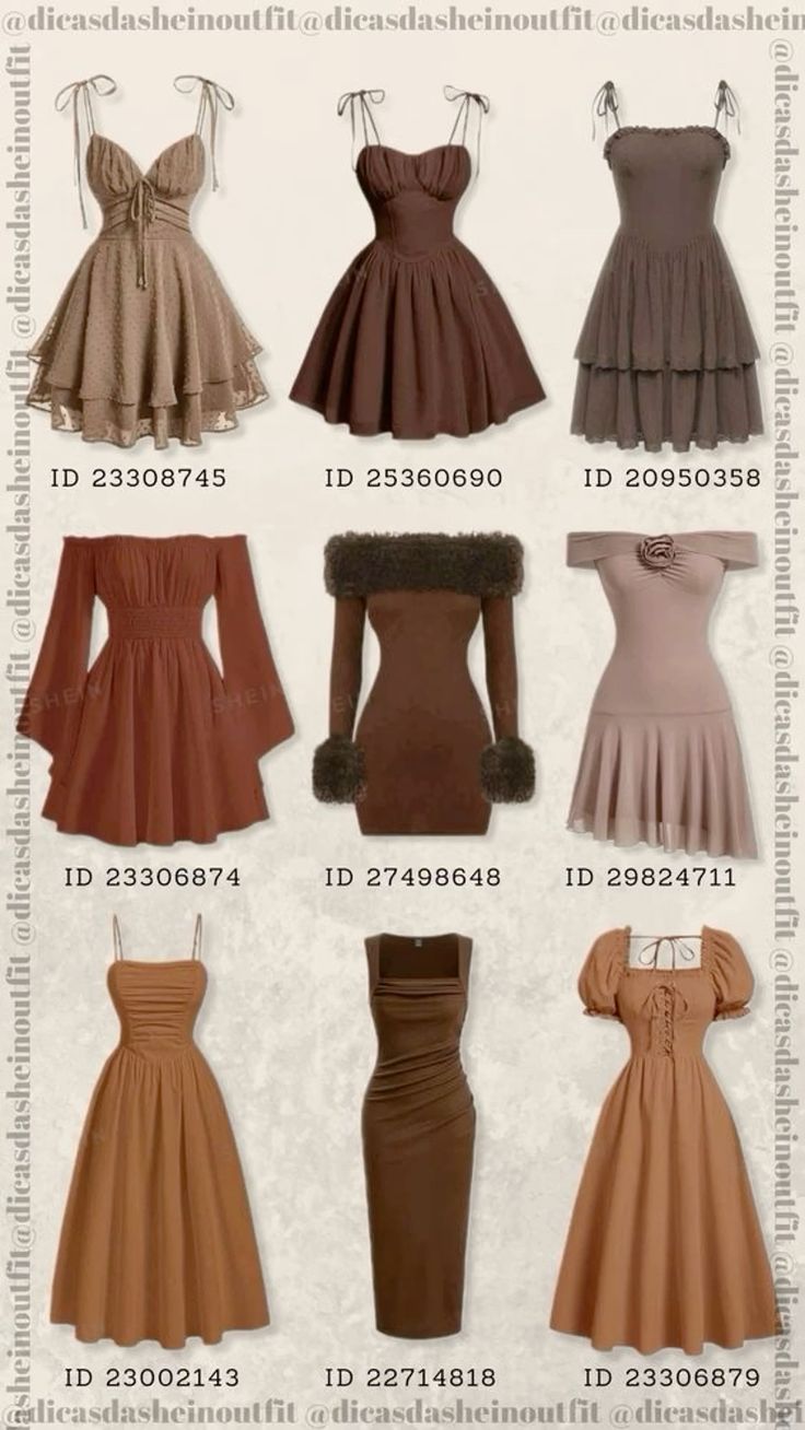 the image is an online advertisement for dresses sold by shein. it features a collage of nine different dresses in various shades of brown and beige, each with a unique style and design. each dress is displayed against a plain white background, emphasizing the garment's details.  the advertisement highlights each dress with its corresponding product id, making it easy for potential customers to find and purchase their preferred style. the overall aesthetic of the image leans towards a vintage and feminine style, appealing to a specific target audience interested in this fashion trend.