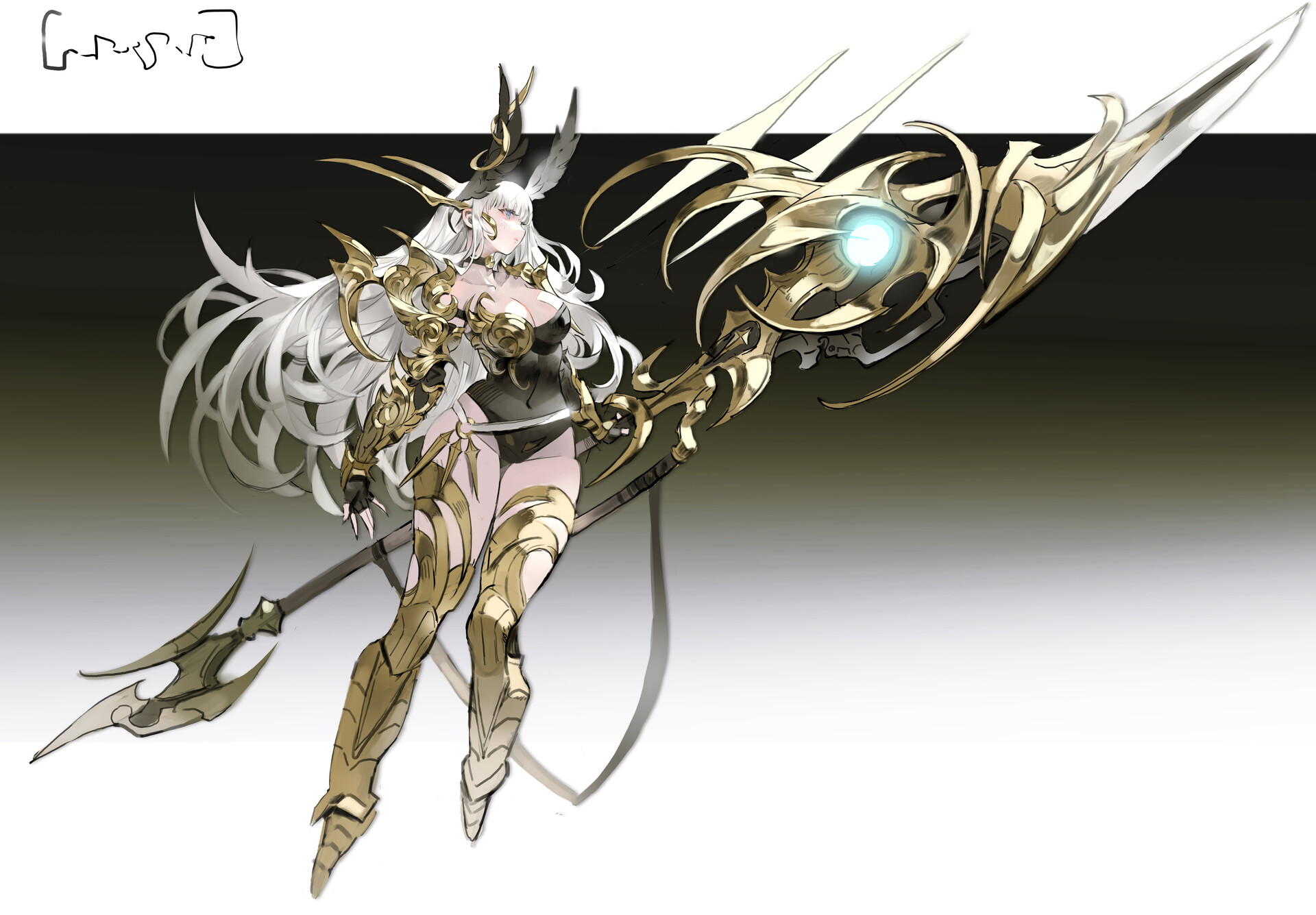 an animestyle fantasy warrior woman with white hair, elf ears, and golden armor stands holding a futuristic spear with a glowing blue orb. she wears a black bodysuit and golden thighhigh armor. the spear is ornate with a large blade and intricate golden designs, including the glowing orb in the center. she is standing in a posed manner with the spear extending to the right. the background is a mix of dark gray and white. there is text in the top left corner.