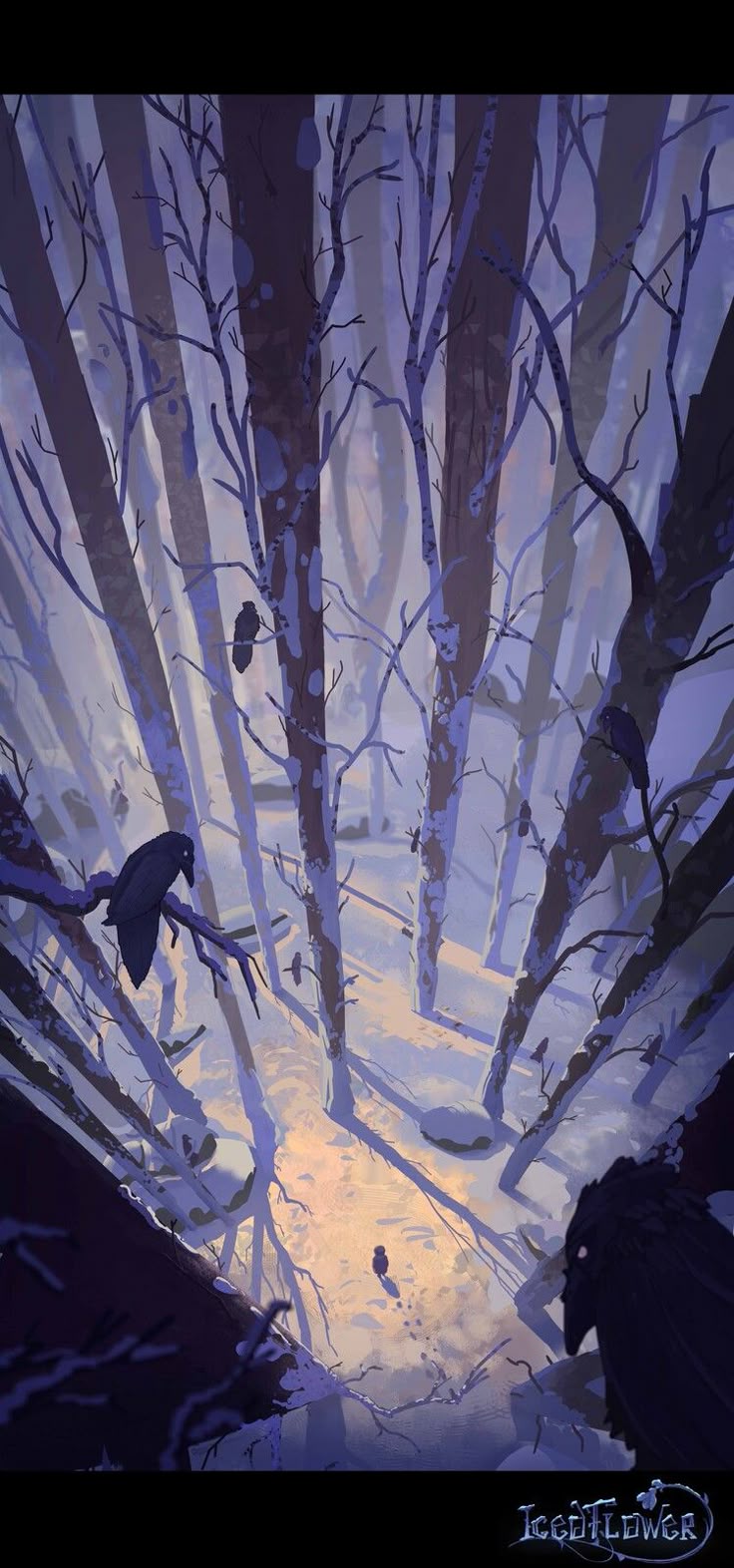 the image is an illustration of a winter forest scene with tall, bare trees covered in snow. the perspective is looking down into the forest, and there are several black crows perched on branches or flying between the trees. the ground is covered in snow, and there are visible footprints leading into the distance. the color palette is dominated by blues and grays, with some warm light filtering through the trees in the distance. the overall mood is somewhat dark and mysterious. the words "iceflower" are visible at the bottom right.