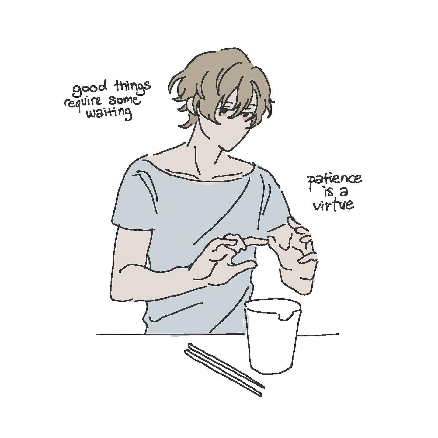 the image shows a young man waiting patiently for his instant noodles to cook. the text "good things require some waiting" and "patience is a virtue" emphasizes the importance of patience in life, even for something as simple as a quick meal.