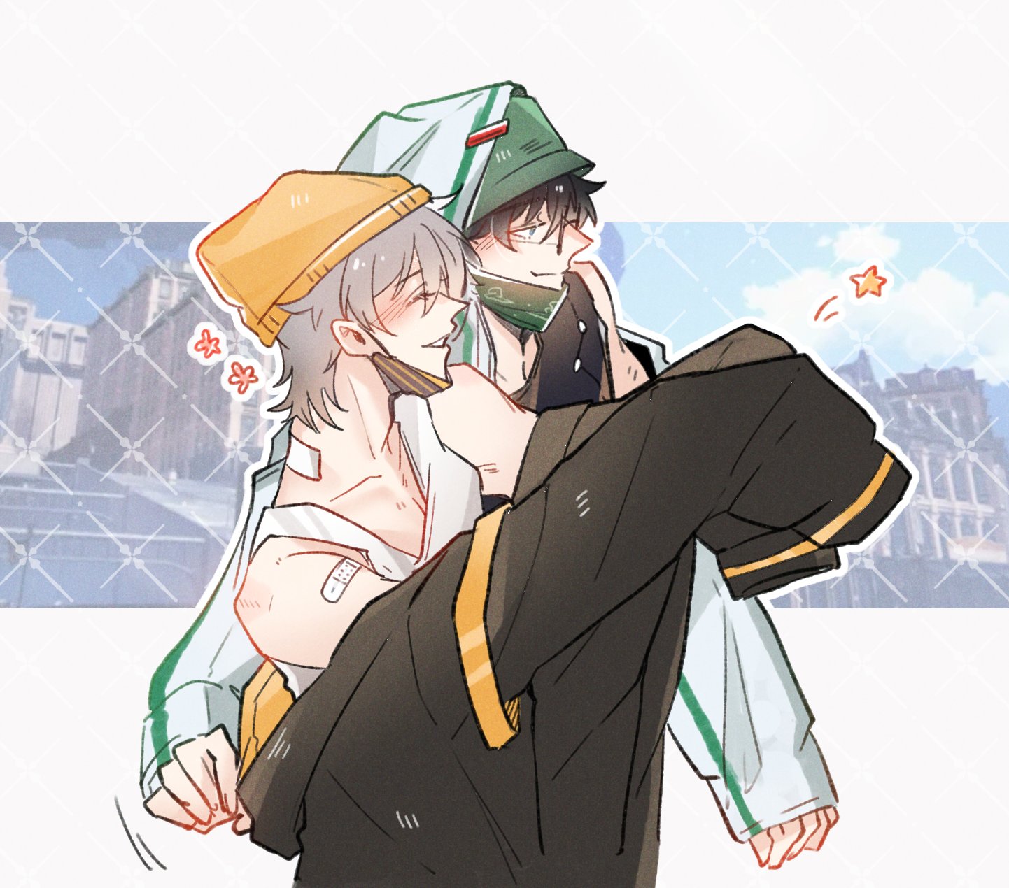 the image is an anime illustration of two boys, one with silver hair wearing a yellow beanie and white shirt and the other with black hair wearing a green cap and white shirt, both wearing black jackets with yellow trims. the boy with the beanie has a bandage on his arm. they're standing in an outdoor setting with a cityscape in the background, and the boy with black hair is holding the other boy in a hug. they're smiling and looking happy.  the image has a soft and warm color palette, with light blue and pink hues.