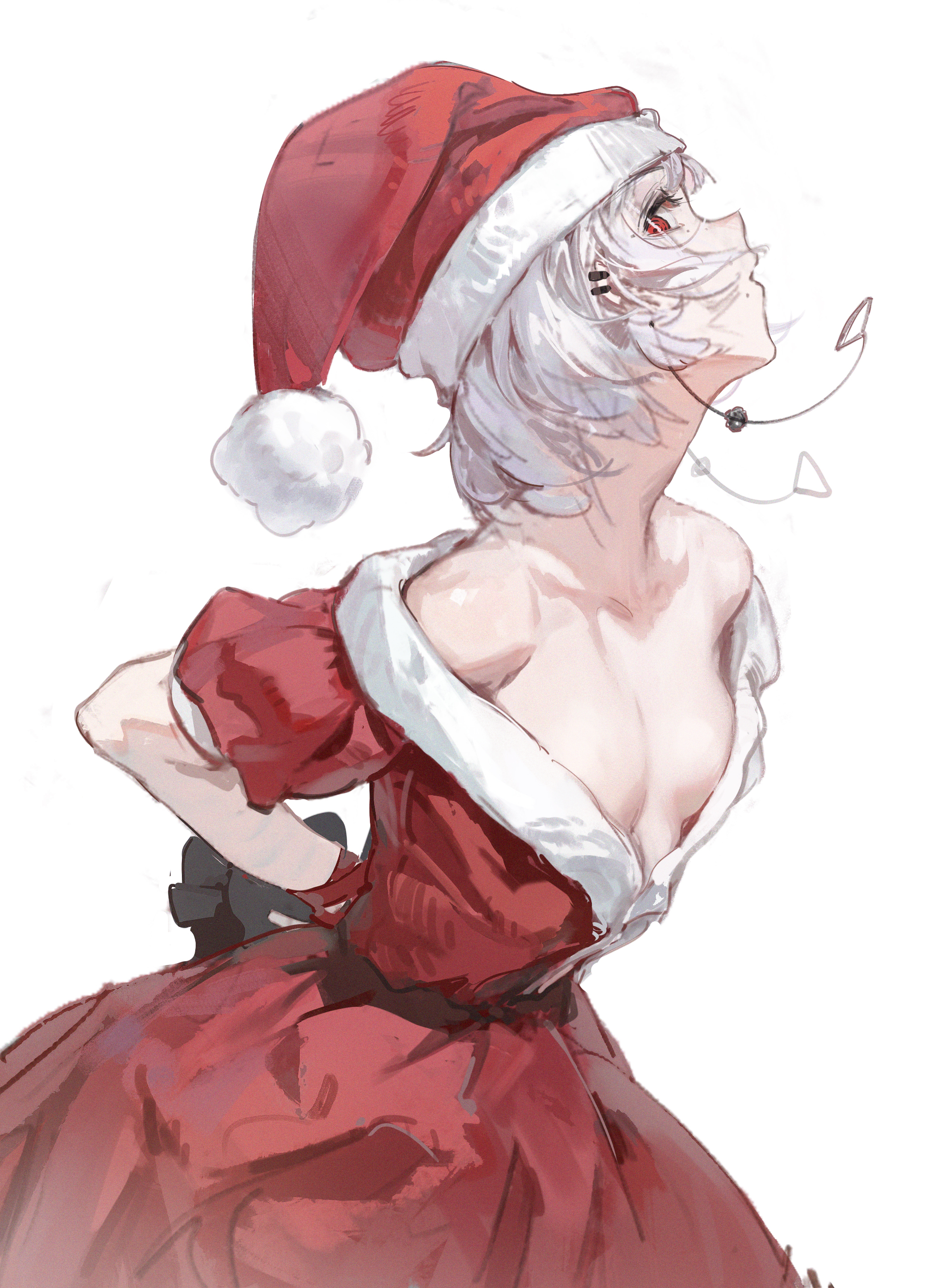 the image is a digital painting or illustration of an animestyle young woman.  she has long, white hair and is wearing a lowcut, red santa claus dress with white fur trim.  she's also wearing a santa hat. her expression is serene, and her gaze is directed upwards. the art style is loose and painterly, with soft lines and blending of colors. the background is mostly white, allowing the figure to stand out prominently.  the overall impression is one of festive beauty with a slightly suggestive element due to the revealing nature of the dress.