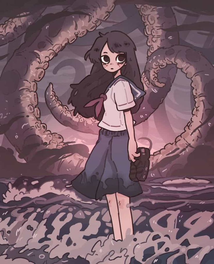 a cartoon anime girl wearing a school uniform, standing in water with tentacles surrounding her. she is holding a book in her hand. the image is styled with cartoonlike features and bright colors.