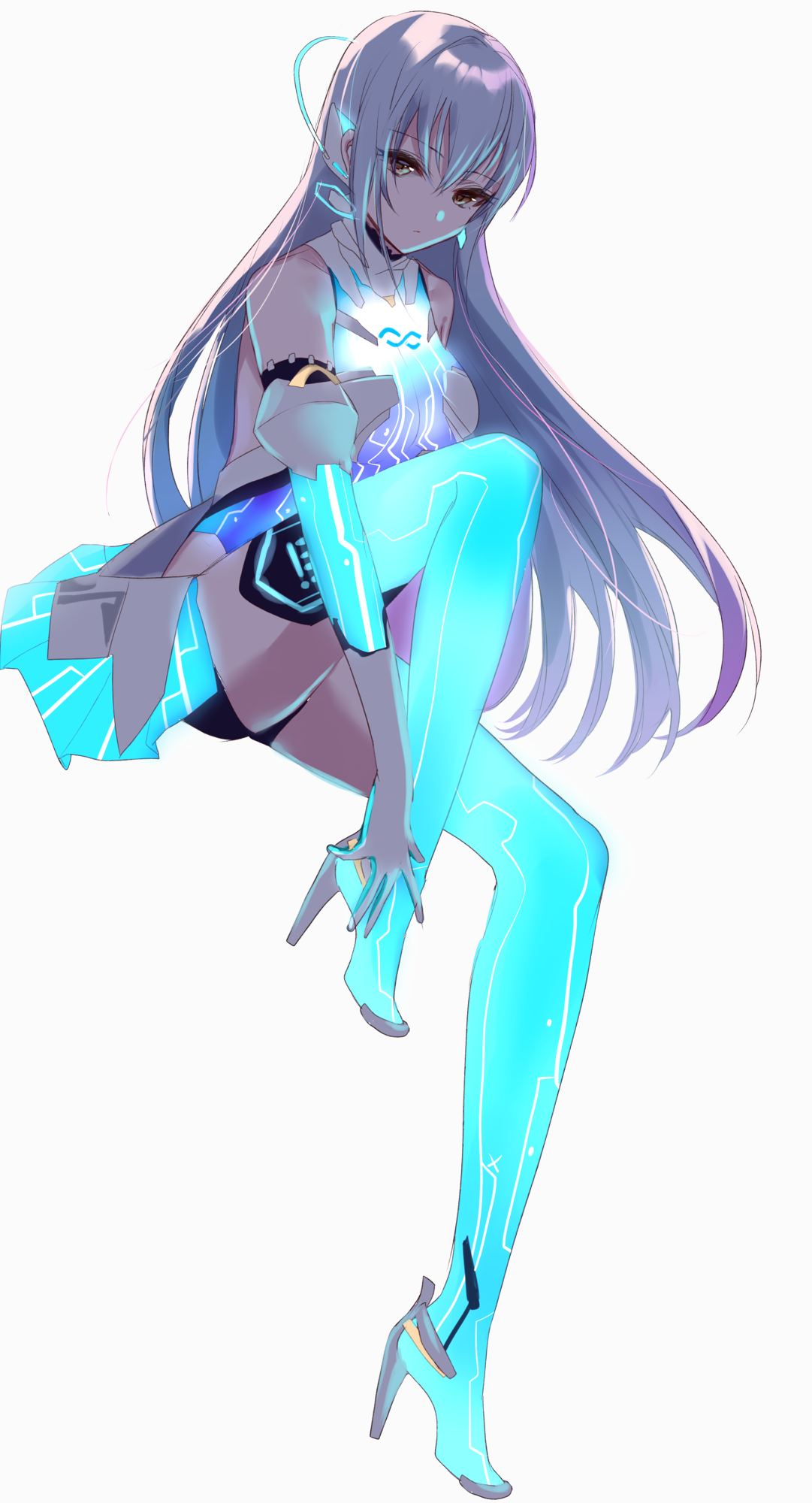 an anime girl with white hair and blue eyes wearing a white outfit and blue cybernetic boots, posing in a futuristic setting.