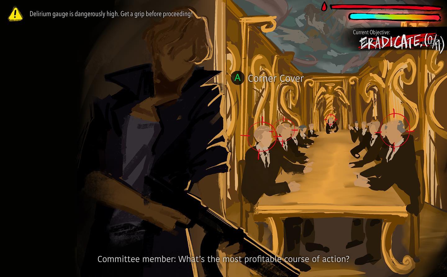 a video game scene showing a character aiming a rifle at multiple enemies sitting around a long table.  the player's objective is to eradicate all of them.
