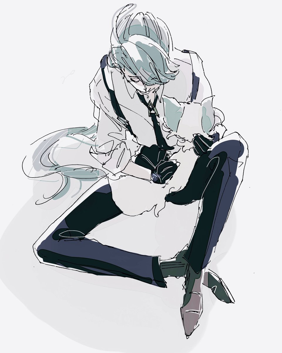 a sketch of a young man with long white hair, wearing a white shirt and black pants with suspenders. he's sitting on the floor, cradling a small white cat in his arms. his expression is soft and gentle, indicating care and affection for the cat. the drawing style is loose and expressive, with minimal linework and a focus on capturing the overall mood and gesture of the scene. the palette is predominantly cool, with shades of blue, gray, and white.