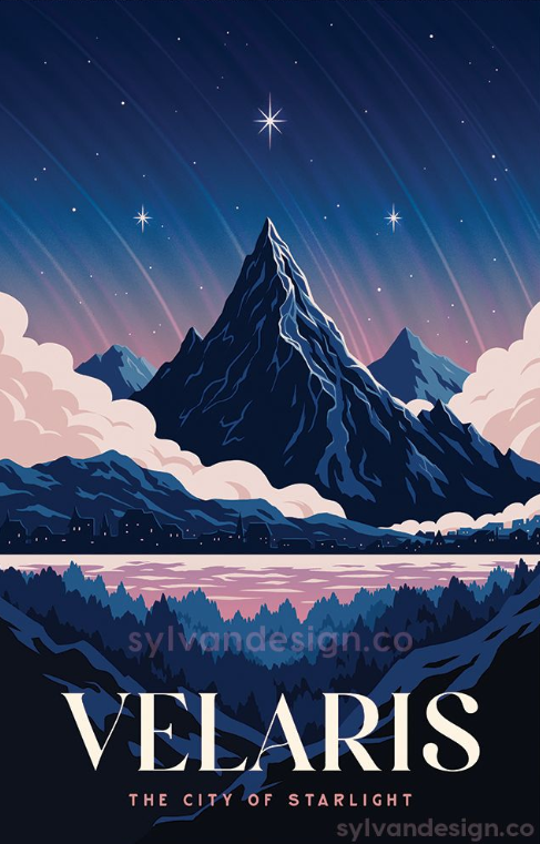 this is a stylized digital illustration or travel poster depicting a mountain range overlooking a city or town situated by a lake at night. the title "velaris" and subtitle "the city of starlight" are prominently featured. the sky is a mix of dark blues and pinks, with auroral effects and scattered stars, including a prominent central star. clouds surround the mountain peaks. a dense forest borders the lake, and the reflection of the sky is visible on the water. a website address "sylvandesign.co" is written on the image.