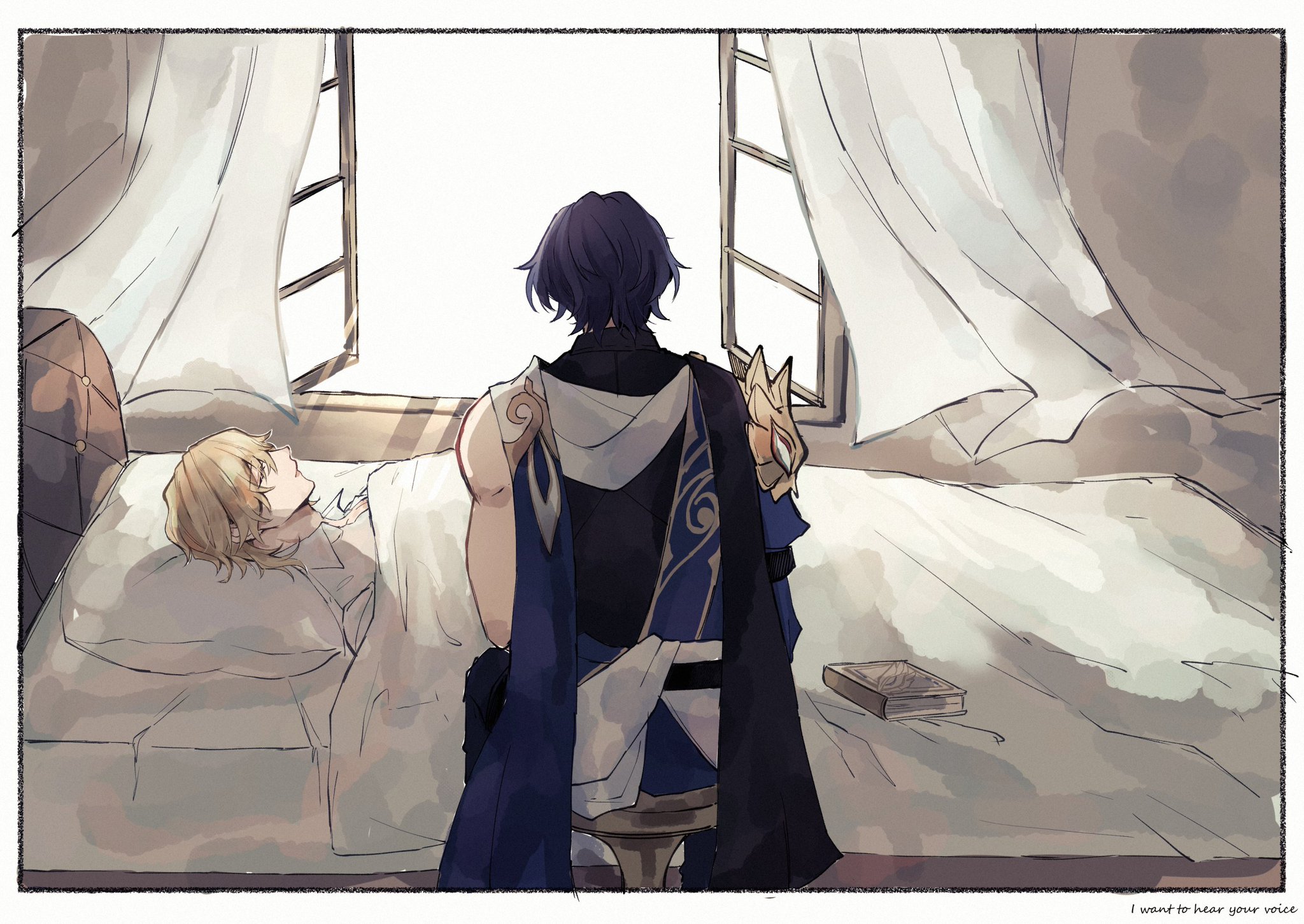 the image depicts an animestyle scene of two young men in a bedroom.  a man with dark hair, wearing blue clothing and a golden belt, sits in the foreground,  looking out the window while a man with light hair lies in bed asleep.  the bed is white with a white pillow.  the scene is quiet and gentle.  there is a book lying on the bed next to the sleeping man. the man in blue seems to be worried about the sleeping man, perhaps he is sick.