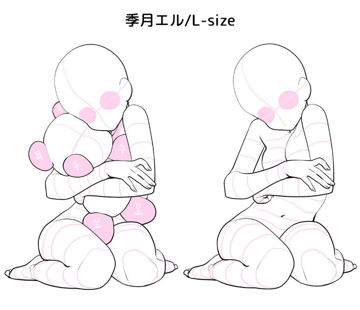 the image shows two animestyle female figures in sitting poses. one figure is hugging a teddy bear, while the other has her arms crossed in front of her. both figures are outlined in black, with pink shading to indicate body parts. the image appears to be a pose reference for artists. the text on the top of the image says "seasonal work/lsize" in japanese.