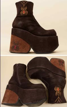 a pair of brown suede platform boots with a spider design on the side. the boots are anklehigh and have a high heel. the platform is very thick and the boots are very chunky. the spider design is embroidered on the side of the boots. the boots are a very unique and stylish pair of shoes.