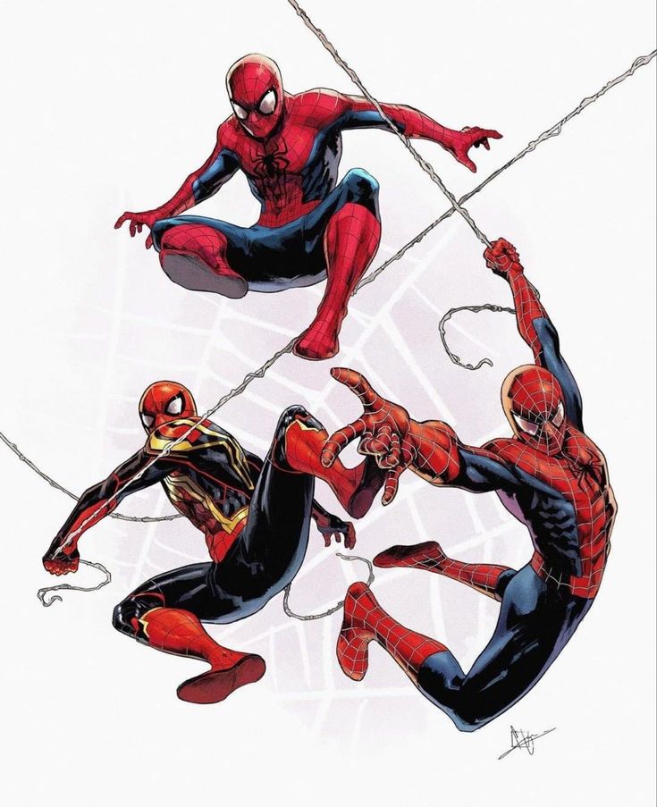 the image shows three spiderman characters in a dynamic pose, webslinging through the air. they are all in their classic red and blue suits and appear to be engaged in some kind of action. one is in the foreground and the other two are in the background, creating a sense of depth. the art style is dynamic and illustrative, capturing the energy and excitement of the scene.