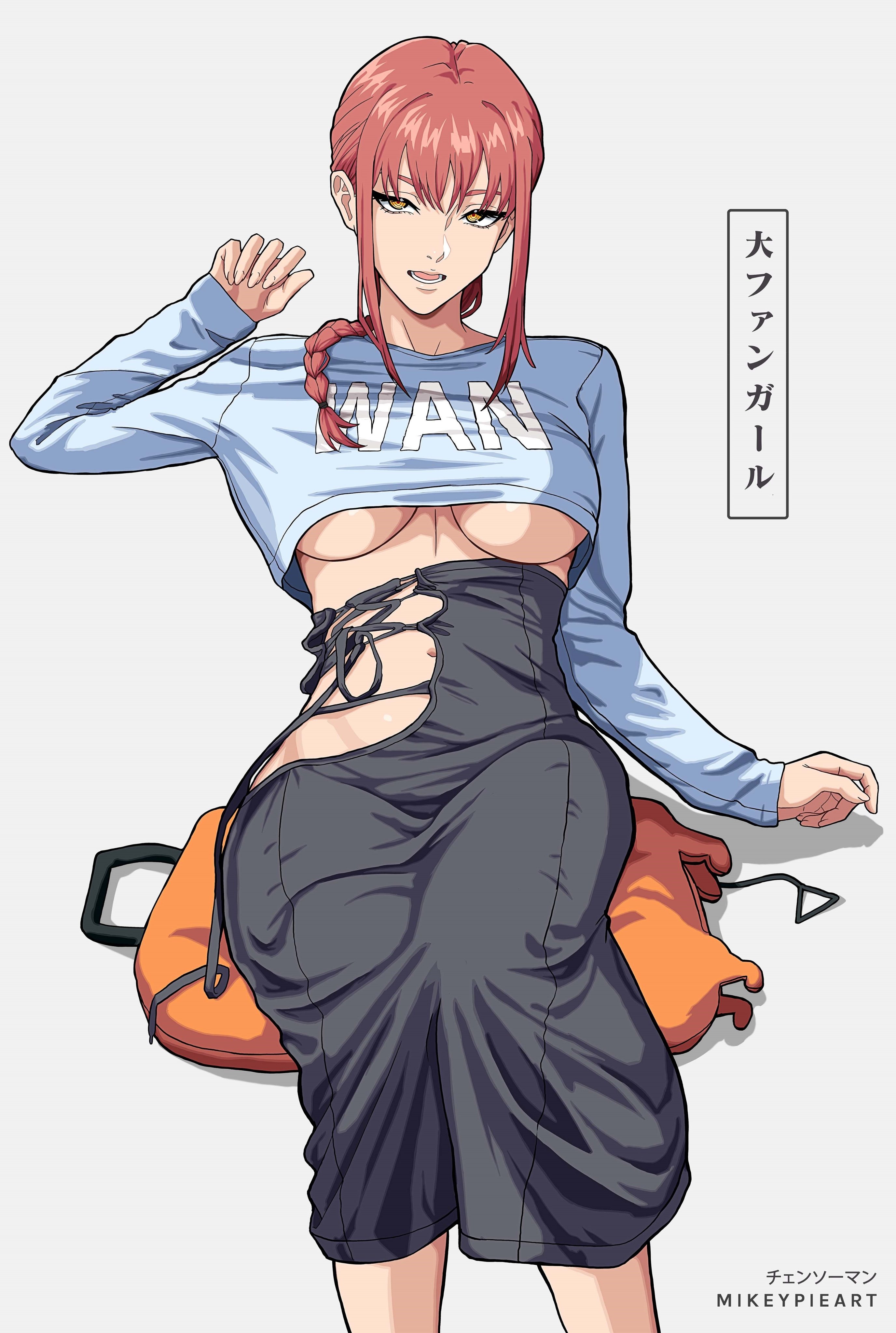 an illustration of an anime woman sitting with her legs stretched out. she is wearing a blue shirt with a white print on the front and a long black skirt. the skirt is designed with multiple cutouts and laceups along the sides. the woman's hair is long and red, and her eyes are blue. she is holding a bag in her right hand, which she has placed on her left leg. the image is set against a light gray background.