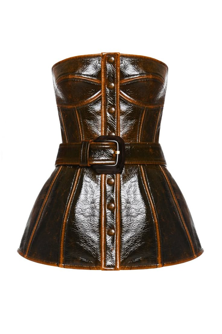 a strapless brown patent leather corsetstyle mini dress with a belted waist and buttondown front. the dress is fitted at the bust and waist, with an aline skirt.