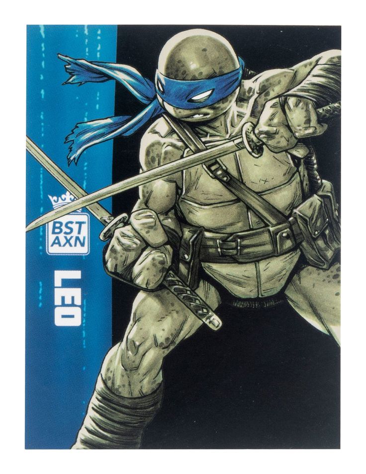 this is an illustration from a teenage mutant ninja turtles comic book. it features leonardo, one of the four turtle brothers, holding two katana swords and striking a fighting pose. his blue mask and blue bandana are prominent features. the background is dark black, and the illustration is done in a comic book style.