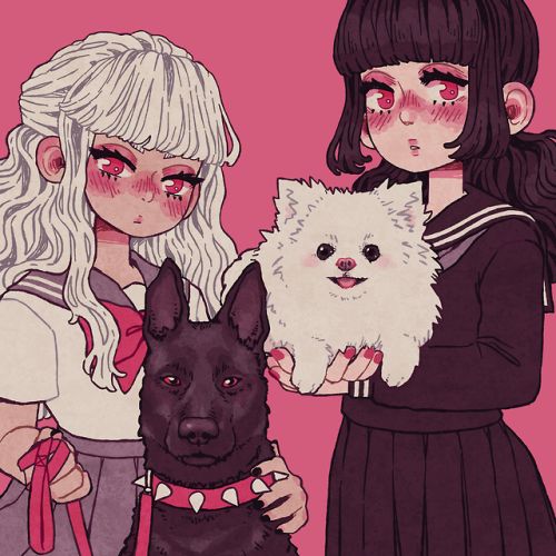 two anime girls, one with white hair and one with black, stand on a pink background, each holding a dog. the girl with white hair holds a black dog on a leash, and the girl with black hair holds a white dog. both girls are wearing school uniforms with sailor collars. the girls are smiling and appear happy. the dogs are also smiling and appear to be friendly. the overall tone of the image is cute and kawaii.