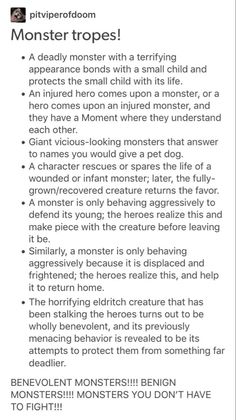 a tumblr post with text on a white background listing several monster tropes. the post advocates for kind, nonviolent monster stories.