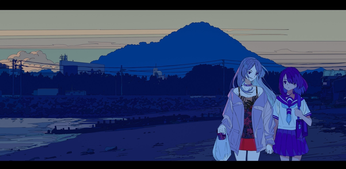 the image is a digital illustration in an anime style, depicting two girls walking along a beach at dusk.  one girl has long purple hair and is wearing a casual outfit consisting of a lavender jacket over a dark floral top and red skirt.  the other girl has shorter purple hair and wears a sailor school uniform. they are walking handinhand, creating a sense of companionship and friendship.  in the background, a cityscape with power lines and buildings is visible, with a large, dark blue mountain looming behind them. the sky is a gradient of muted purples, blues, and pale oranges, indicating the transition between day and night. the overall atmosphere is calm and melancholic, with a focus on the girls' bond against the serene yet somewhat industrial backdrop.