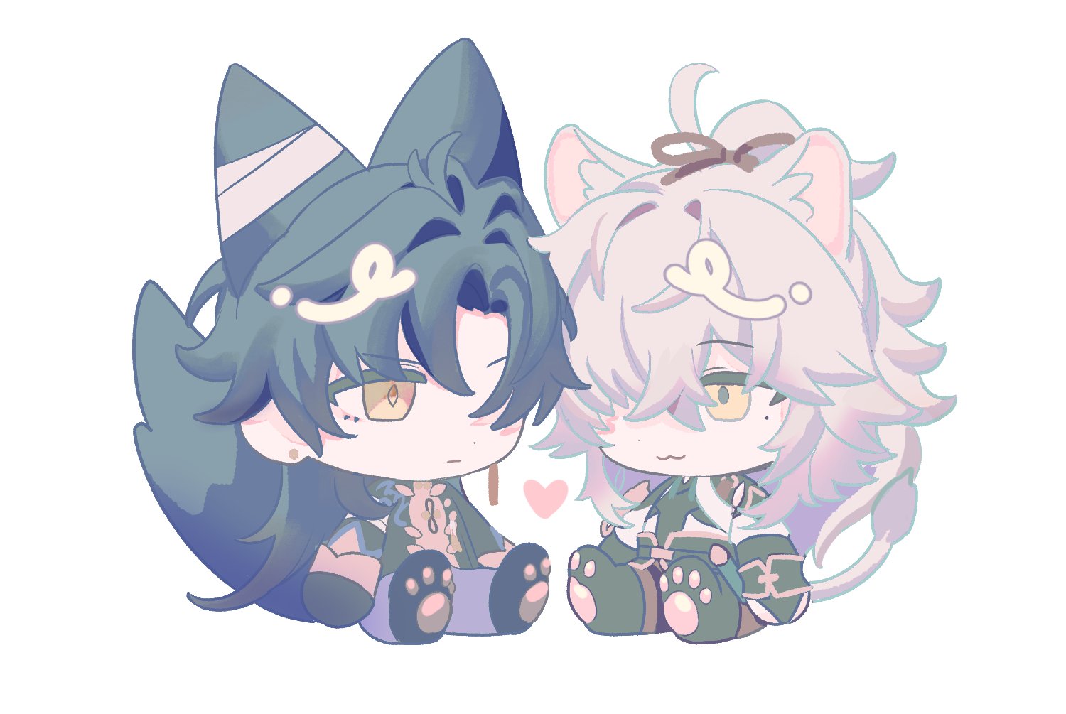 the image is of two anime characters, a boy and a girl. they are both chibi, meaning they have big heads and small bodies. the boy is wearing blue and green clothing and has a black catlike tail. the girl is wearing a white and pink outfit with a white fluffy tail that looks like a lion tail. the girl is on the right and has her arm around the boy. the background is white. the characters are smiling and appear to be happy.