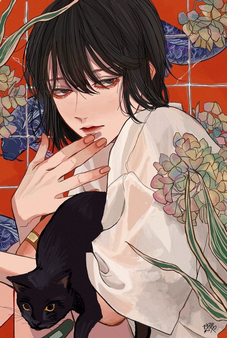 the image is a digital painting or illustration of a young woman with short black hair. she is wearing a white shirt and is holding a black cat. the background is a red wall with floral decorations. the style is animeinspired, with a focus on soft lines and muted colors. the overall mood is calm and serene.