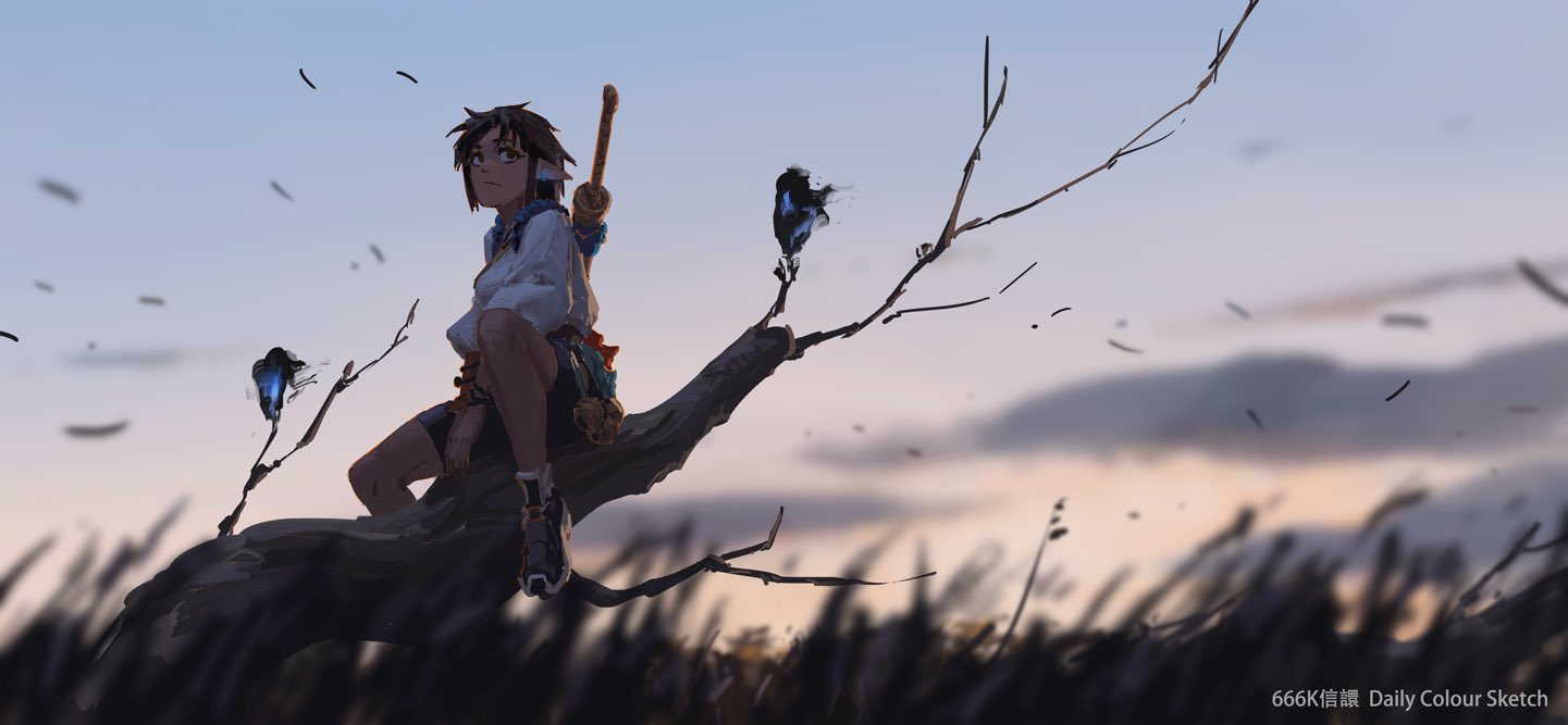the artwork depicts an animestyle girl with elflike ears sitting on a tree branch. she's holding a sword behind her back, and several birds are perched nearby. the setting appears to be a serene natural landscape at sunset, with grass and a clear sky in the background. the overall style is soft and painterly, with a calm and peaceful atmosphere.