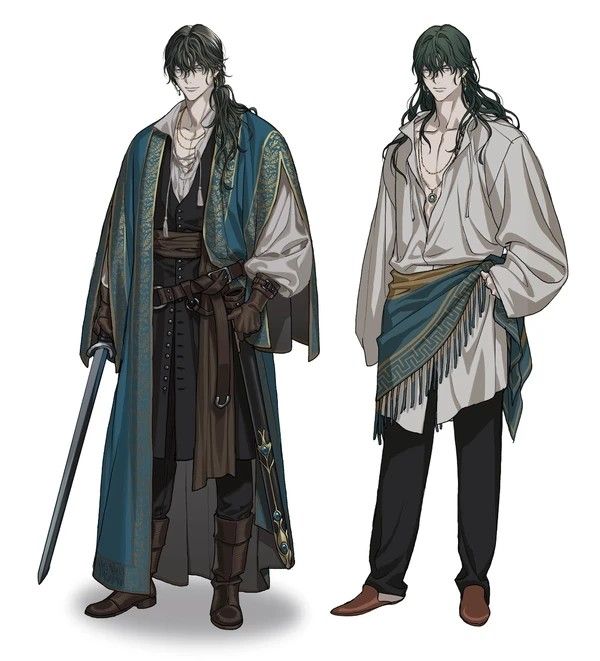 the image shows two handsome male characters from an anime or fantasy setting. they are both standing, and the character on the left is holding a sword, suggesting that he is a warrior or swordsman.  the character on the right is more relaxed and casual in his attire, while the character on the left is more formal and has a more regal air.  both characters are welldressed and have long dark hair, making them appear to be of noble birth. the style of the art is detailed and intricate, with careful attention paid to the clothing and accessories.
