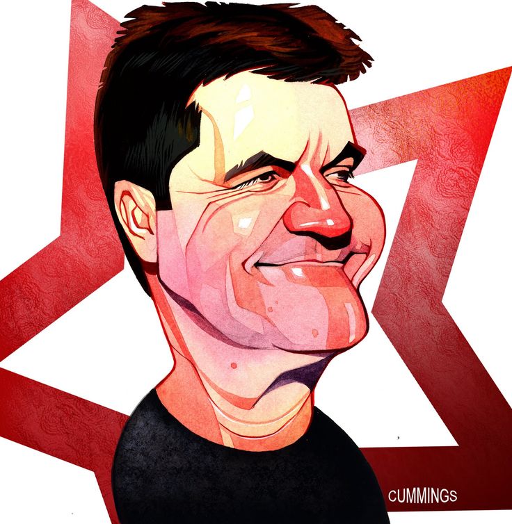 the image is a caricature of simon cowell, depicted in an illustrative art style. he is shown with exaggerated features, set against a backdrop of a red star design. the artwork is signed "cummings."
