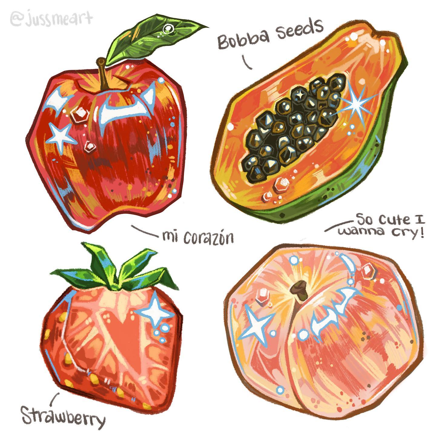 the image is a vibrant digital illustration featuring four stylized pieces of fruit: a red apple labeled "mi corazón" (my heart), a halved papaya with the text "bobba seeds" and "so cute i wanna cry!", a strawberry labeled "strawberry", and a peach.  all the fruits are depicted with a glossy, almost jewellike sheen and have small, sparkling highlights. the style is cartoonish and cute, with a focus on bright, saturated colors. the fruits are presented individually against a white background.