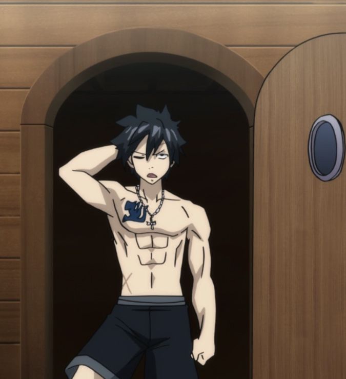 a shirtless anime character named gray fullbuster from fairy tail is standing in a doorway. he is looking to the right of the image with a serious expression. his body is muscular and he has a tattoo on his chest.  he is wearing black swim shorts.