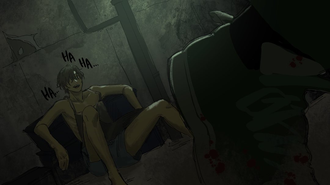 the image depicts a chilling scene in a dark, grimy room. a young man, stripped to the waist, sits amidst clutter, his manic laughter echoing in the tense atmosphere. looming over him from the shadows is a monstrous figure, its form partially obscured by darkness, blood splattered across its surface. the low angle and closeup perspective heighten the sense of claustrophobia and impending danger, while the lowkey lighting amplifies the suspense and horror of the situation.