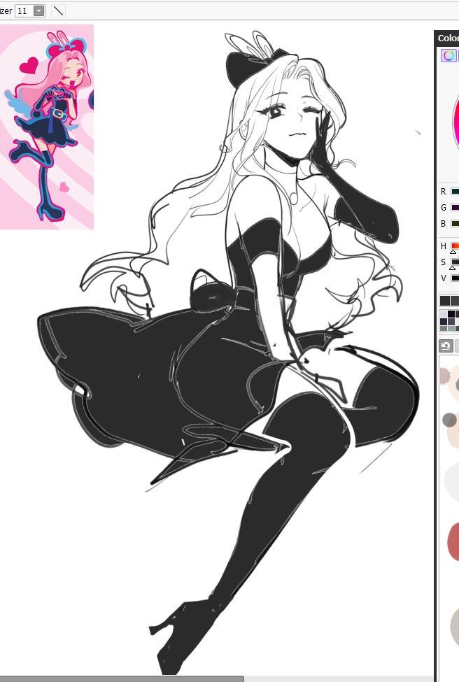 a black and white sketch of an anime girl sitting with a mischievous smile on her face. she is wearing a short dress and her hair is long and flowing. she is sitting in a  pose as though she is about to pounce.
