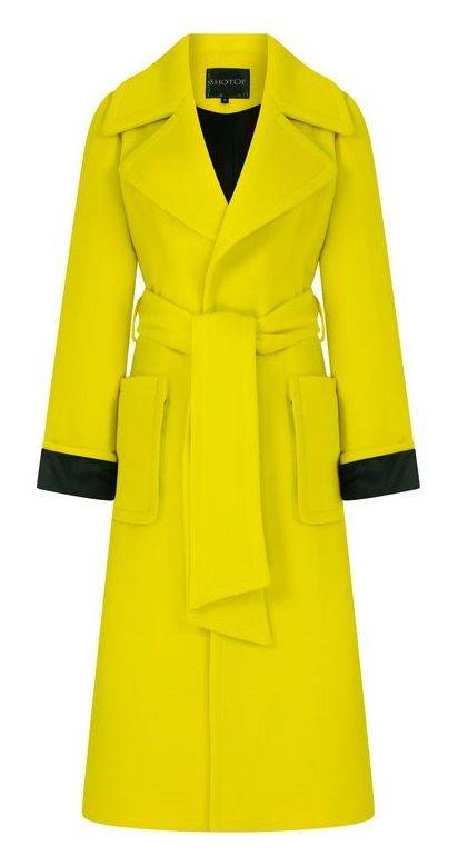 a bright yellow coat with long sleeves and a matching belt tied at the waist. the coat features a collar and lapels, two pockets, and black trim at the ends of the sleeves.