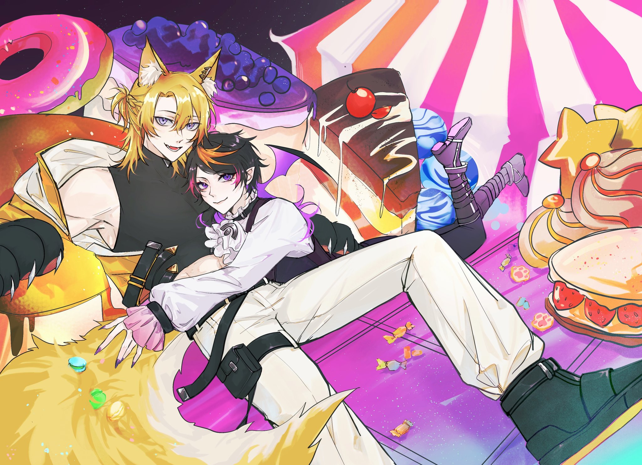 the image depicts an animestyle illustration of two boys in a romantic pose. the boy on the left has yellow hair, cat ears and a tail, while the boy on the right has black hair and a white shirt. they are surrounded by a variety of sweets and pastries, including donuts, cakes, and candy. the image is set against a background of pink and purple stripes and stars. the boys are holding hands and looking at each other with loving eyes. the illustration is full of joy and sweetness.