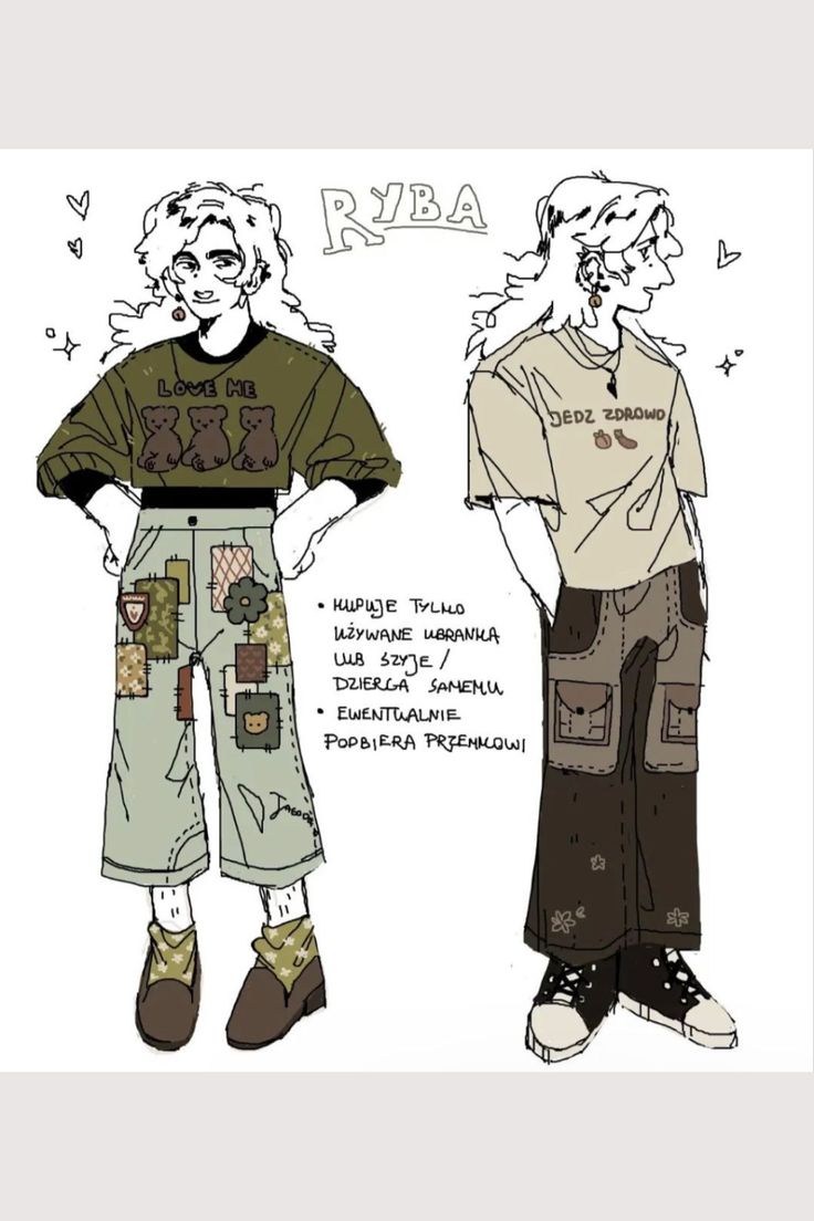this illustration depicts two character designs labeled "ryba" in a fashion design style. the character on the left is wearing a light green cropped sweater with the words "love me" and three bears on it. the character on the right is wearing a beige tshirt with the words "dedz zdrowd" on it, and a few additional markings. both are wearing pants with a patchwork aesthetic, and have a light green background. there are words on the side describing the design, such as "hupuju tylko używane ubranka lub szyje/dzierga samemu" and "ewentualnie pobiera przenikowi." the art is in a style similar to rough sketches.