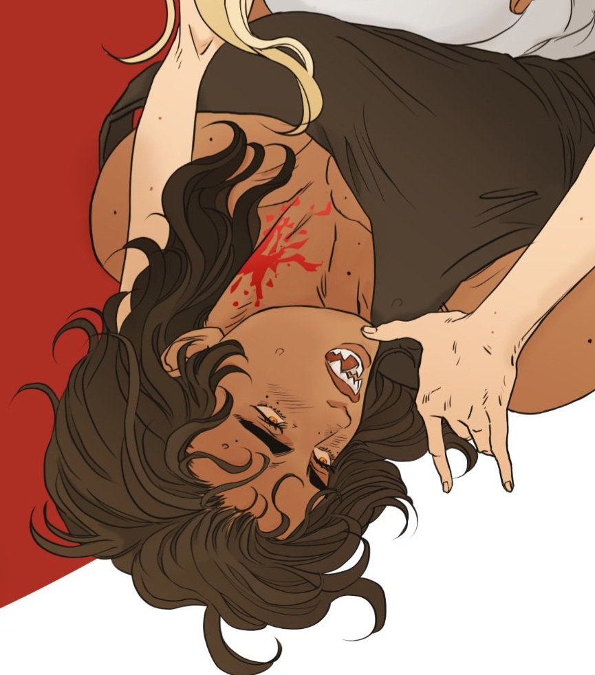 an illustration depicts a tense moment between two figures. one, with brown hair, appears to be a vampire, displaying sharp fangs. they are being held down by another figure with blonde hair. there are splatters of blood on the vampire's neck, suggesting violence. the image is split between a red and white background. the blonde haired figure is wearing a white shirt while the vampirelike figure is wearing a brown shirt.