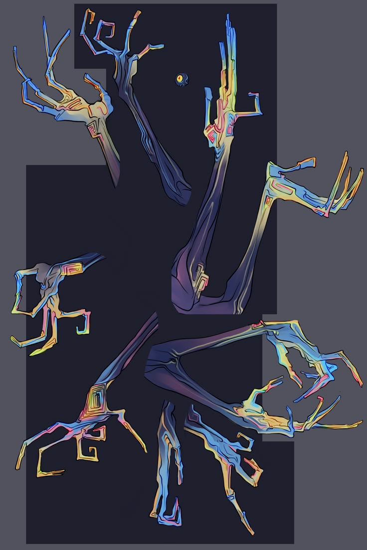 the image depicts several abstract, monsterlike arms and hands. they have a dark blue and purple base color, with glowing, colorful geometric patterns on their surfaces. the style is fantasylike and spectral.