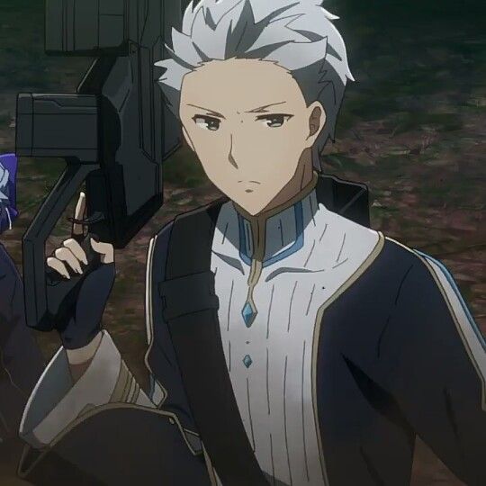 the image features an anime boy with white hair and blue eyes. he is wearing a black jacket over a white shirt. he is holding a gun in his right hand and has a serious expression on his face. he is looking off to the side, as if in deep thought. the background is dark and obscured, making the boy the focal point of the image.