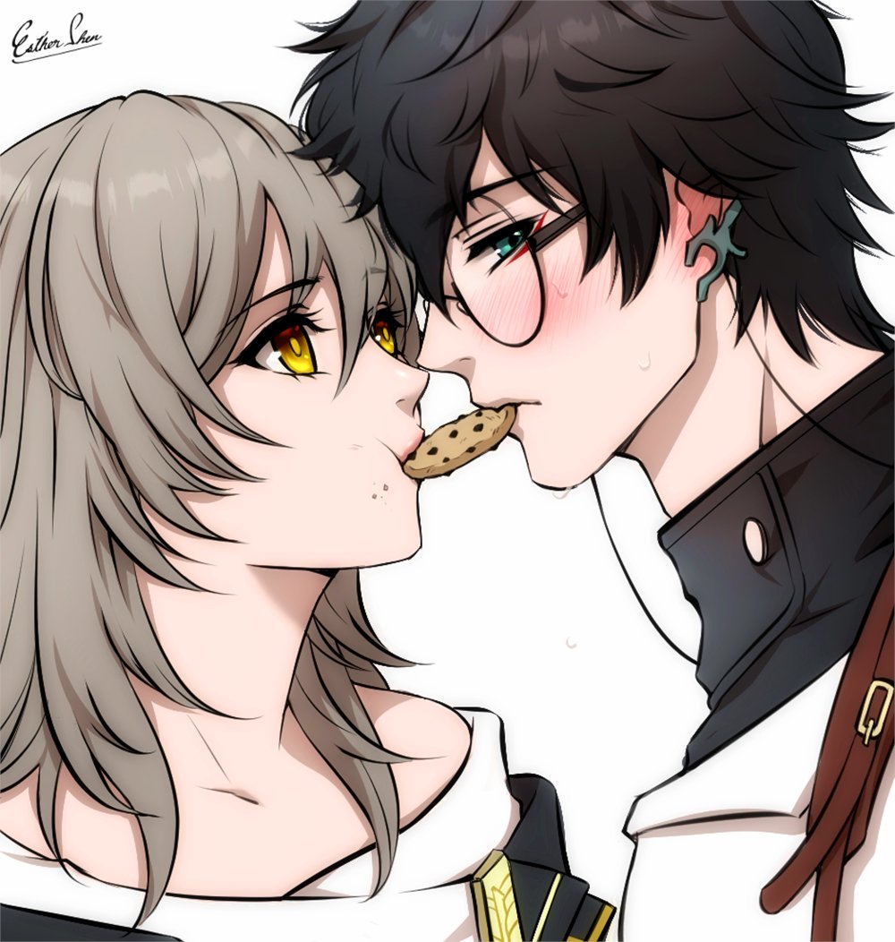 the image depicts a closeup of an anime couple, a girl with grey hair and a boy with black hair, sharing a cookie. they are looking at each other lovingly, and the boy's face is flushed red with embarrassment. the girl's face is relaxed and happy, and she is smiling gently. the image is drawn in a soft, romantic style with gentle, curved lines. it conveys a sense of intimacy and tenderness, suggesting a deep connection between the two characters. the inclusion of a shared cookie adds a playful and sweet element to the scene, further enhancing the overall romantic atmosphere.