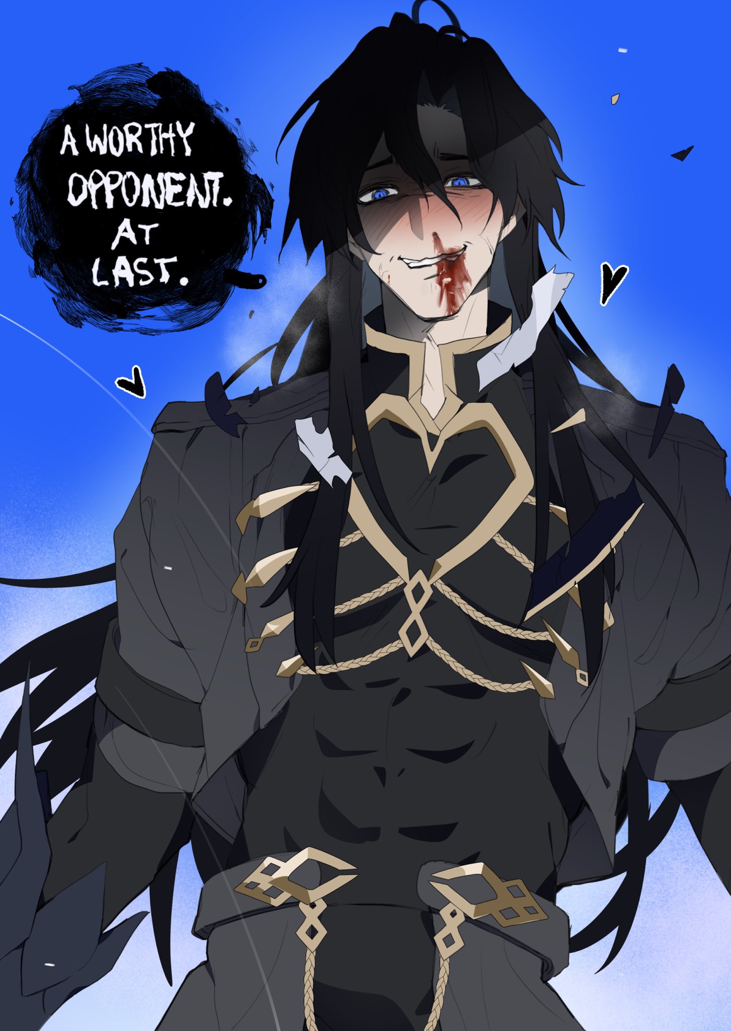 this anime artwork features a male character with long black hair and blue eyes. he's wearing a black outfit adorned with gold accents and a cape, his face is smeared with blood, and he's smirking with a confident expression. the background is a blue sky with clouds. the text bubble says "a worthy opponent. at last." indicating that he has just finished a battle and won. this image suggests a scene of victory and triumph after a challenging fight.