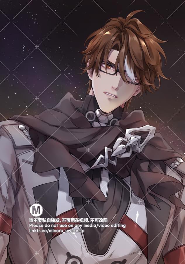 the image features an anime male character with brown hair, partially white hair, glasses, and a black scarf. he is dressed in a white and black suit, and his face is partially obscured by the scarf. he appears serious and confident, with a stern expression. the background is a dark gray with a faint starry pattern, and the character is positioned in the center of the image.