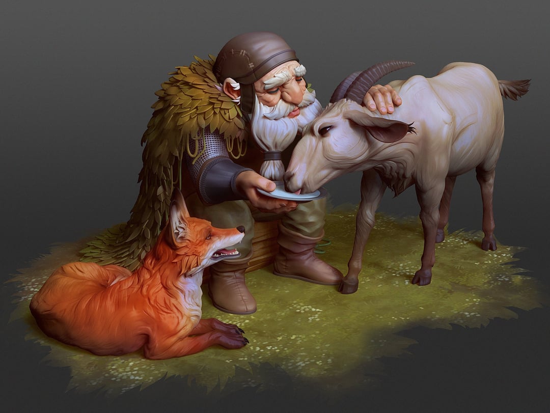 this fantasy illustration shows a kindfaced, older dwarf with a long white beard.  he's seated and offering a shallow bowl of milk to a goat while a fox sits beside him, patiently waiting its turn.  the trio appears content in their simple surroundings.