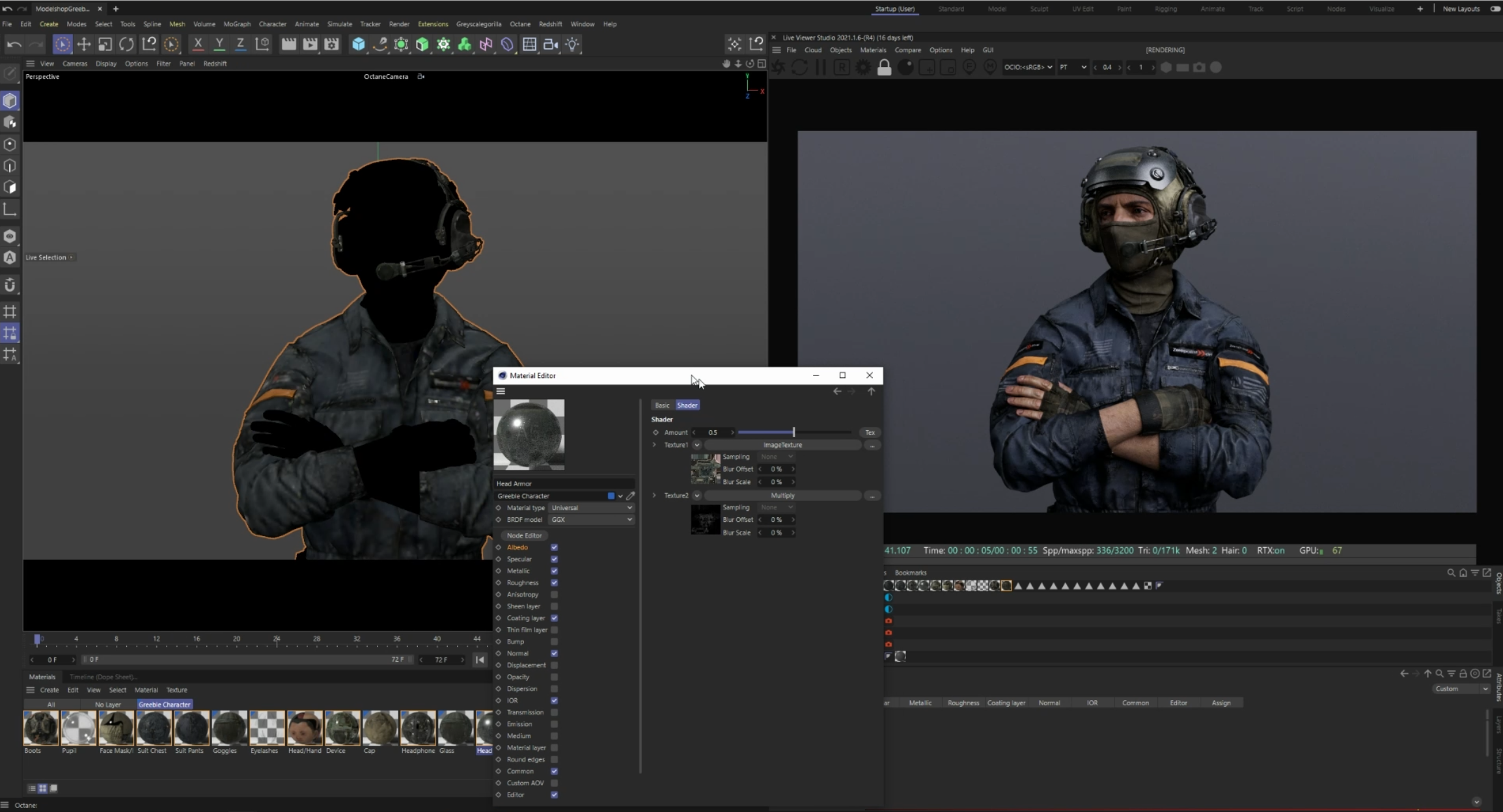the image shows a screenshot of the luxion keyshot software. the main focus is on a 3d model of a soldier with arms crossed. the soldier is wearing a helmet and tactical gear.  there are two viewports displaying the model, one showing a silhouette and the other a full rendered view. a material editor window is open, allowing for adjustments to the shader and texture properties of the character's gear.  various toolbars and settings within the keyshot interface are visible, indicating a workinprogress in 3d character creation and rendering.