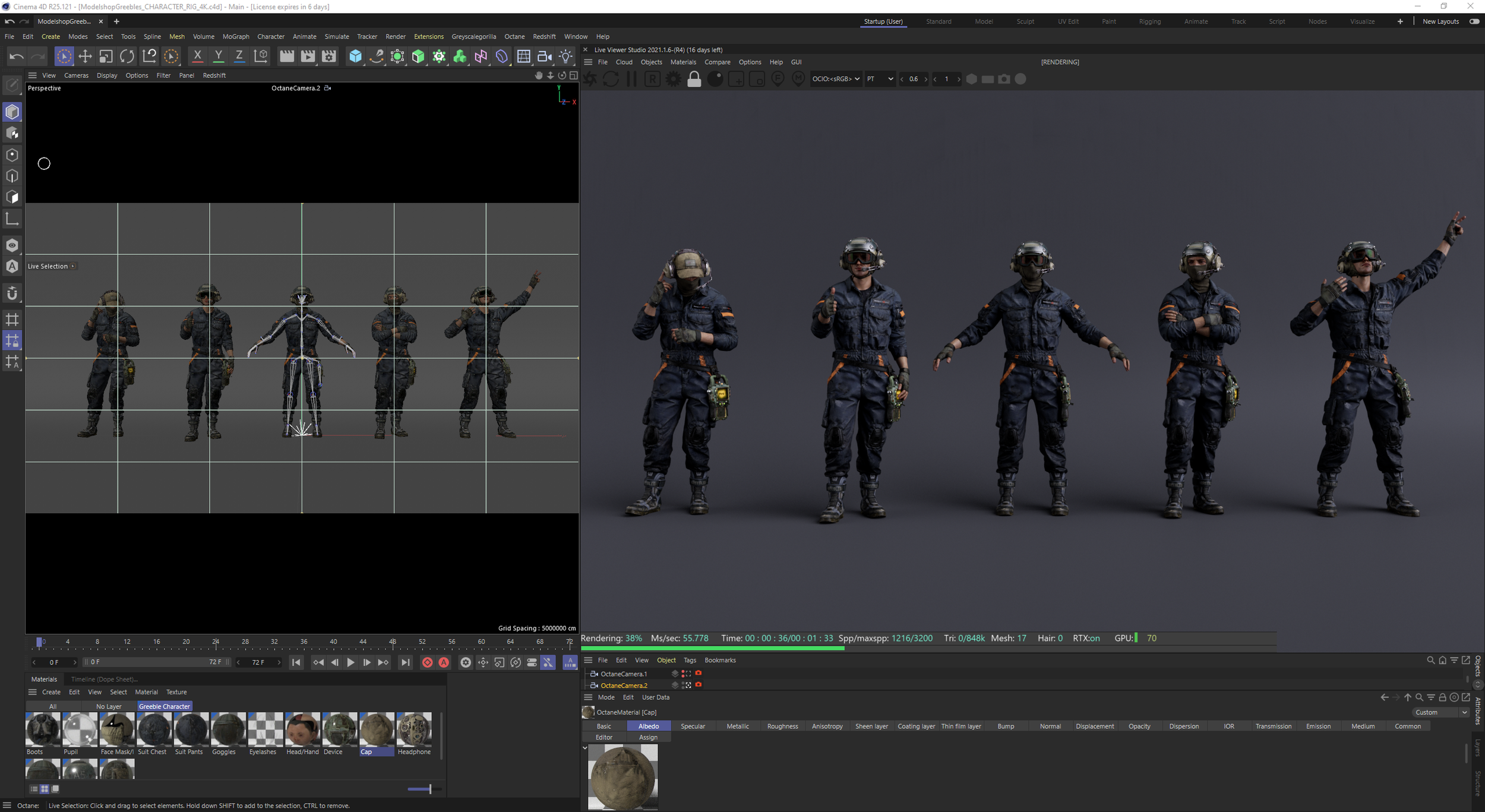 the image displays a 3d modeling and rendering software interface. the main focus is on a series of renders of a futuristic soldier character in various poses. multiple views of the character model's different poses are visible in different parts of the software window.  the viewport shows a grid, allowing for precise positioning, along with multiple views of the character model. the interface reveals information about the rendering process: percentage complete, time elapsed, and other details.  the materials and textures of the character are visible, suggesting a focus on detail. the software appears to be a professional 3d modeling and rendering package like unreal engine or a similar application.  the image clearly showcases the stages of 3d character creation, from modeling to rendering, highlighting the level of detail in the character's design and textures.