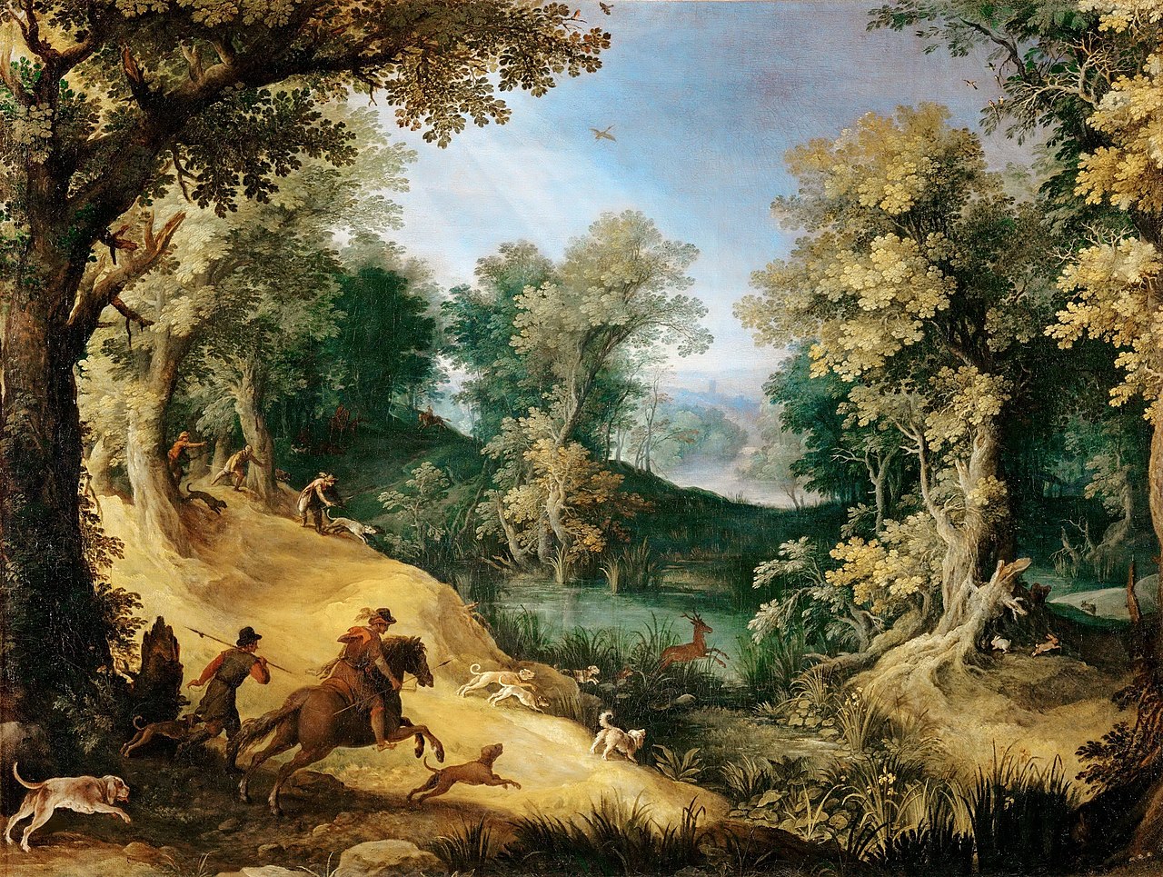 the image is a painting of a forest scene with a hunt taking place. in the foreground, there are hunters with dogs chasing deer. one hunter is on horseback. the forest is lush and green, with tall trees. a pond reflects the trees. the sky is visible in the distance.