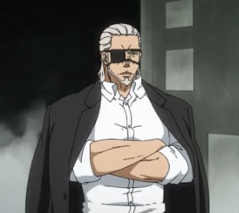 a man with white hair, a black suit, and a white shirt is standing in front of a door with his arms crossed. he is wearing a black eyepatch over his left eye and has a serious expression on his face. he is looking down.  the image is taken from an anime or manga.