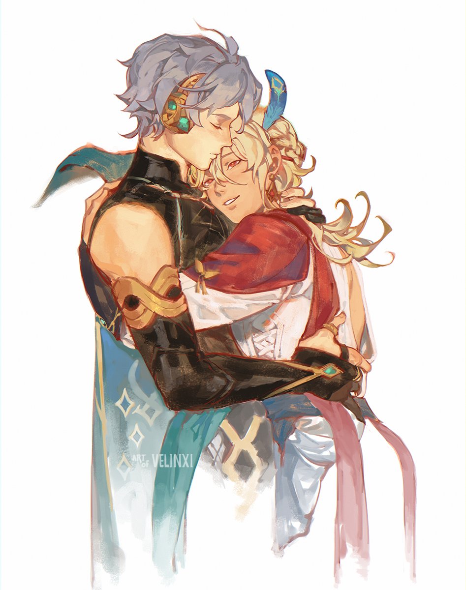 the image is a fan art illustration of two male anime characters hugging. the character on the left has light blue hair, closed eyes and is embracing the other character in a tender way. the character on the right has blond hair, is smiling and holding onto the other character. the illustration evokes a feeling of love and affection between the two characters, who are identified as alhaitham and kaveh from genshin impact.