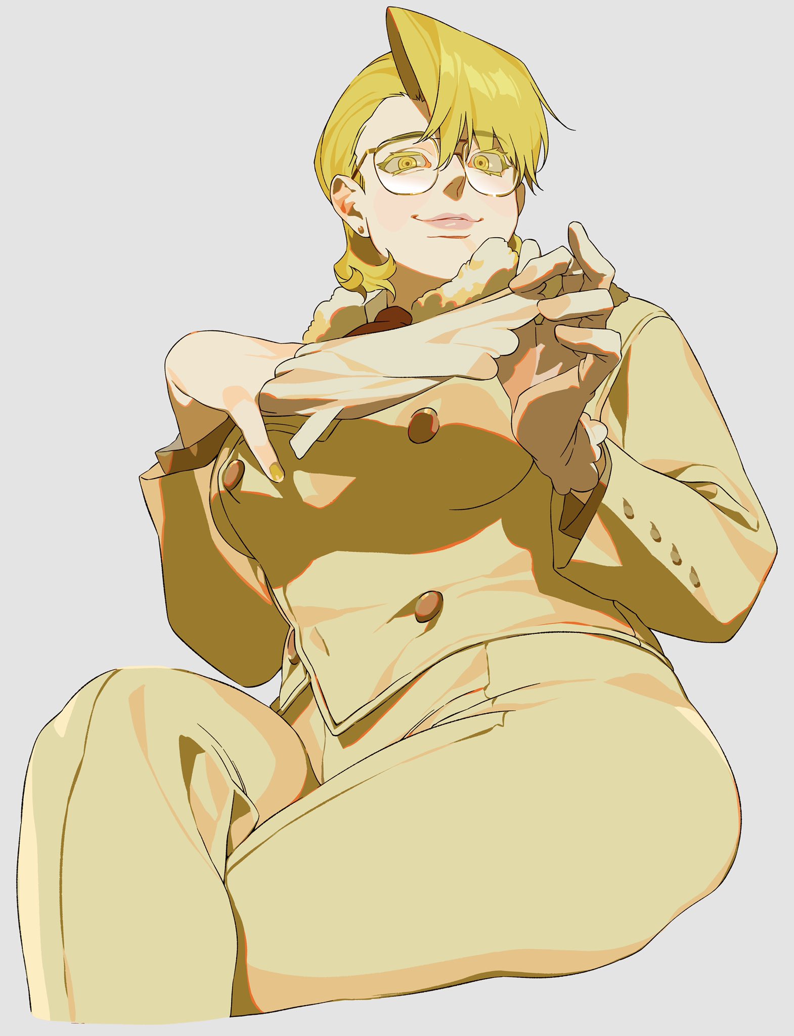 a lowangle view image of a blonde woman with a unique hairstyle and glasses, wearing a tan suit and gloves, sitting down. her fingernails are painted with nail polish. the image is in an anime style.