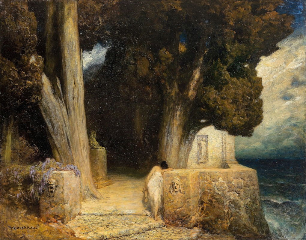 the image is a painting by ferdinand keller depicting a seascape with a pathway leading to a cliff overlooking the ocean. on the cliff, there is a monument or structure with a statue of a woman in mourning, leaning on it. the scene is framed by trees and foliage, creating a classical garden atmosphere. the sky is filled with clouds, suggesting a dramatic or somber mood. the overall style is reminiscent of mythological or historical scenes, evoking a sense of melancholy and contemplation.