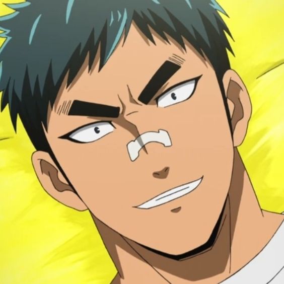 close up of anime character ryohei hayashi from the anime "burning kabbadi". he's smiling and laying down, looking directly at the viewer. he has dark green hair, thick eyebrows, and a bandaid on the bridge of his nose. the image's background is a warm yellow.