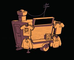 the image showcases a compact and charming mobile tshirt shop set against a dark background. the shop, likely stationed on a street corner, features a vibrant orange color scheme with a prominent "closed" sign hanging at the front.  three tshirts are neatly displayed on hangers: one on the left side and two on the right. the shop is designed with attention to detail, including a small chimneylike structure on top, suggesting a quirky and inviting aesthetic.