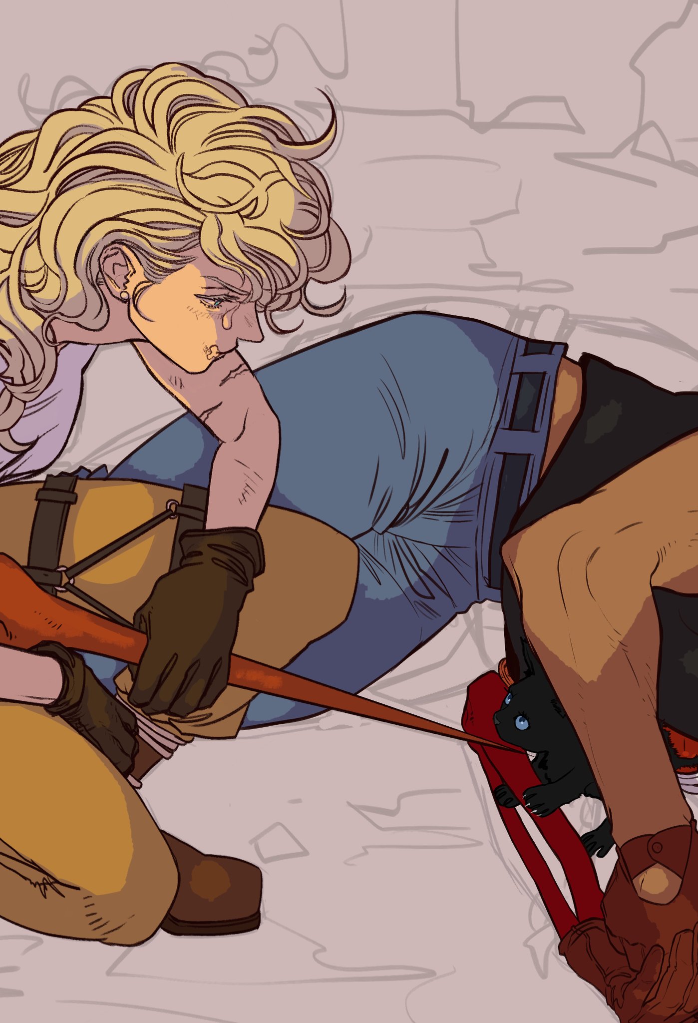 an illustration depicts a blonde woman with scratches on her arm, crying with tears visible on her face. she's wearing blue jeans and brown boots. she's holding an arrow and bow, with a black cat with blue eyes peeking out from under her. the scene conveys sadness or distress.